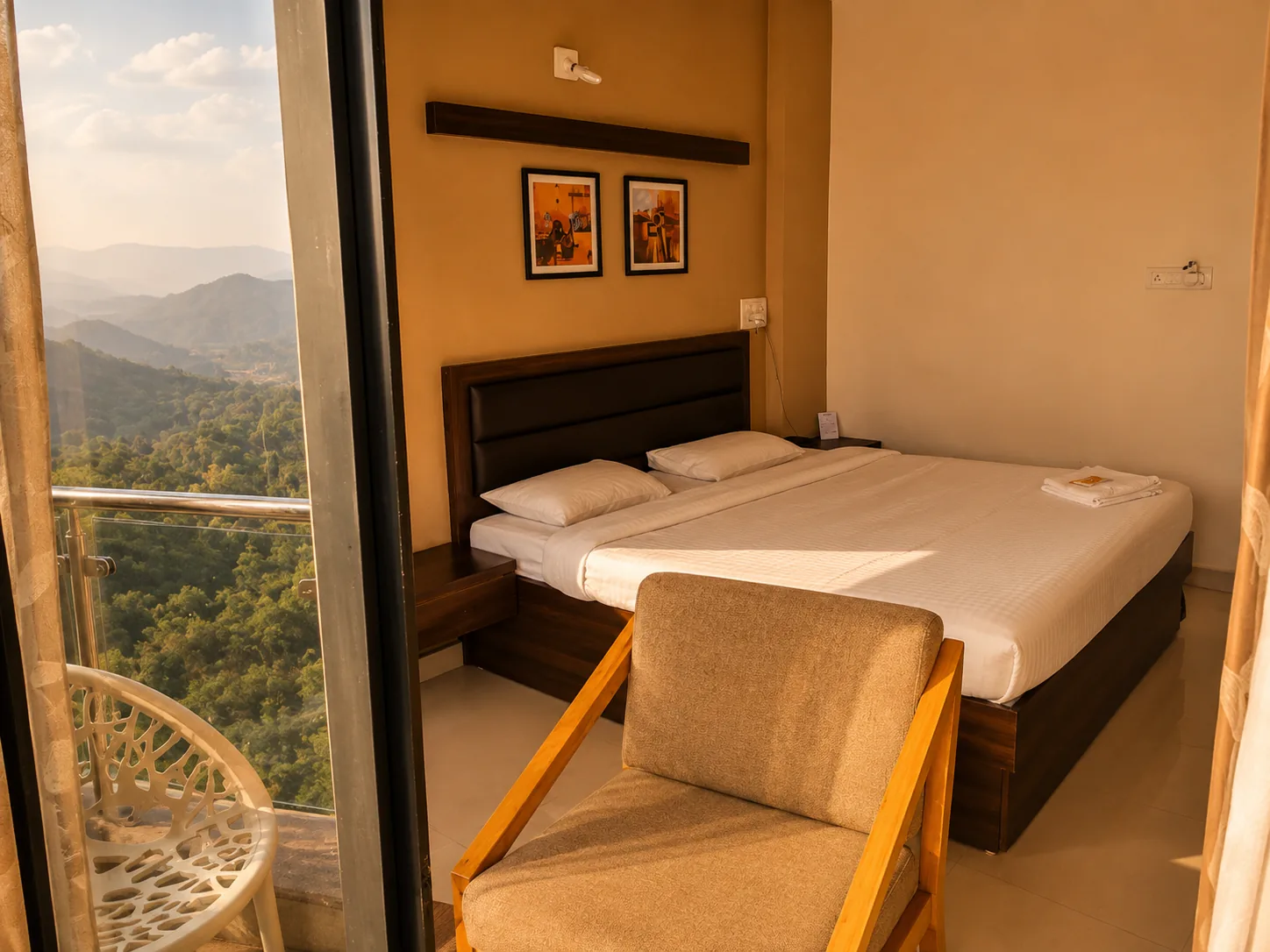 Comfortable guest room corner with hill view